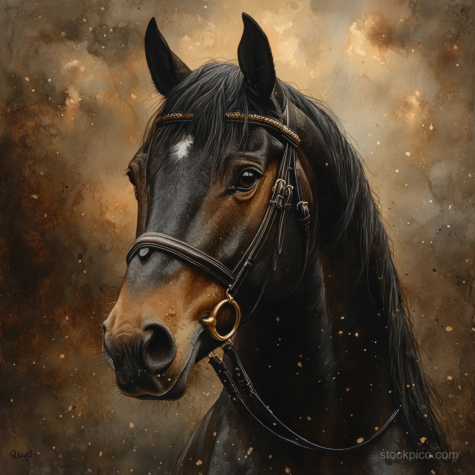 Watercolor portrait of a dark horse with a golden bridle on a smoky black background with drifting dust.
