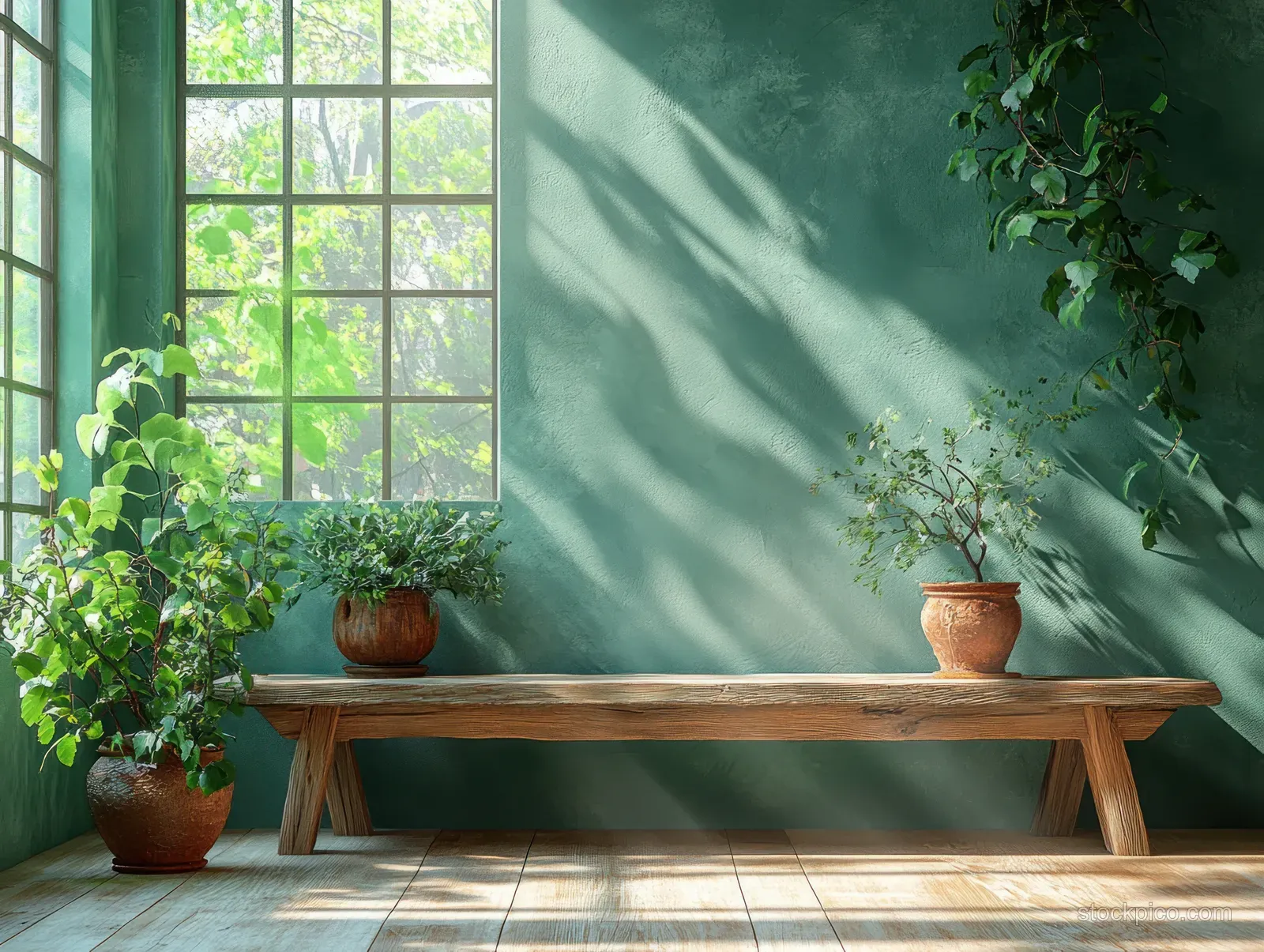 Light green living room wall with a natural wood bench and several potted plants near bright window light and soft shadows.