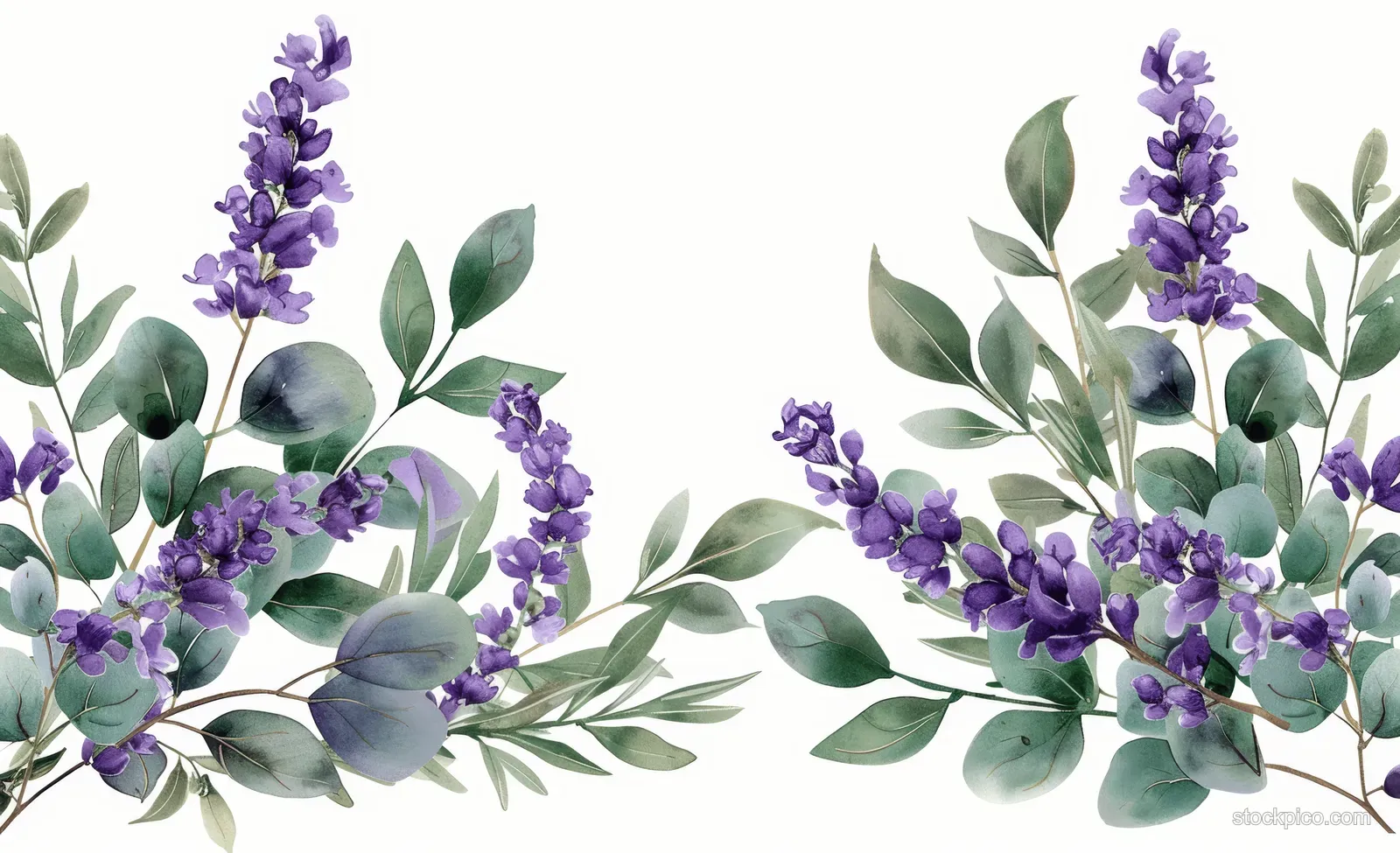 Watercolor lavender and eucalyptus wreath corners with purple blossoms and green leaves on a white background.