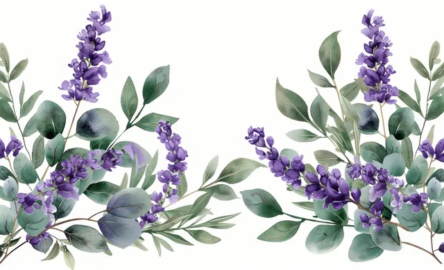 Watercolor lavender and eucalyptus wreath corners with purple blossoms and green leaves on a white background.
