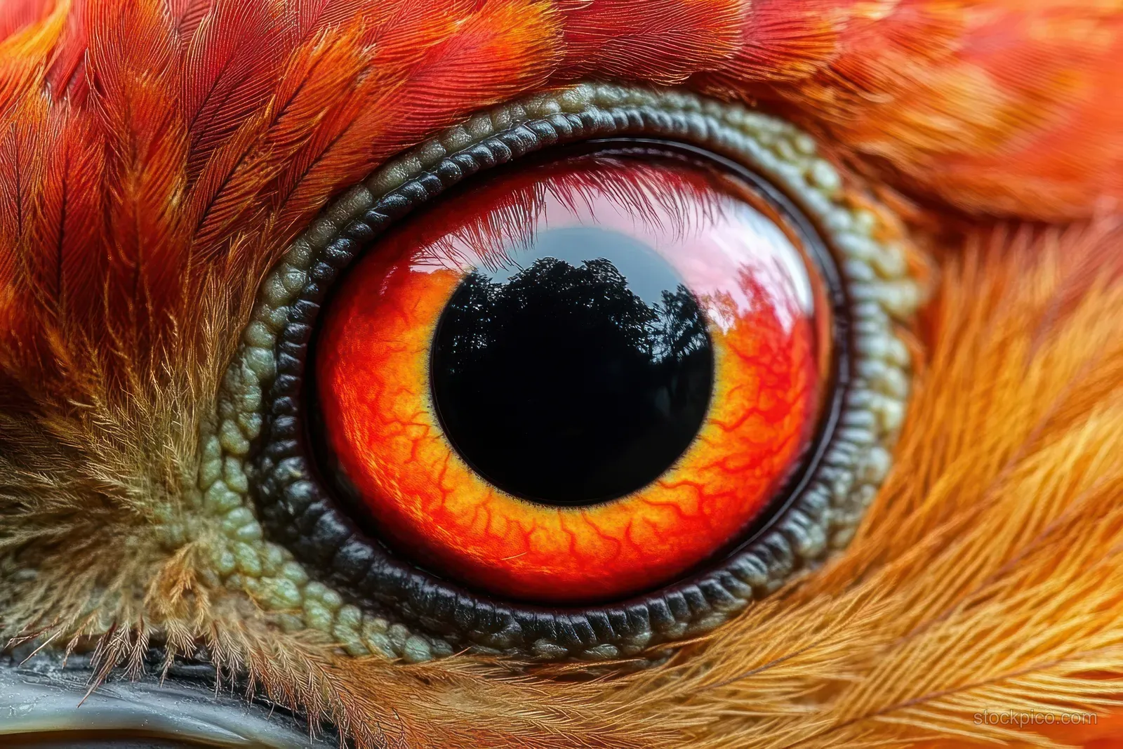 Close-up macro of a chicken eye with bright orange iris surrounded by textured feathers.