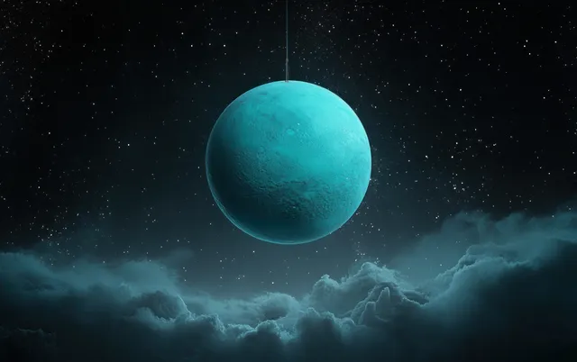 A turquoise planet floats above dark clouds in a starry night sky.