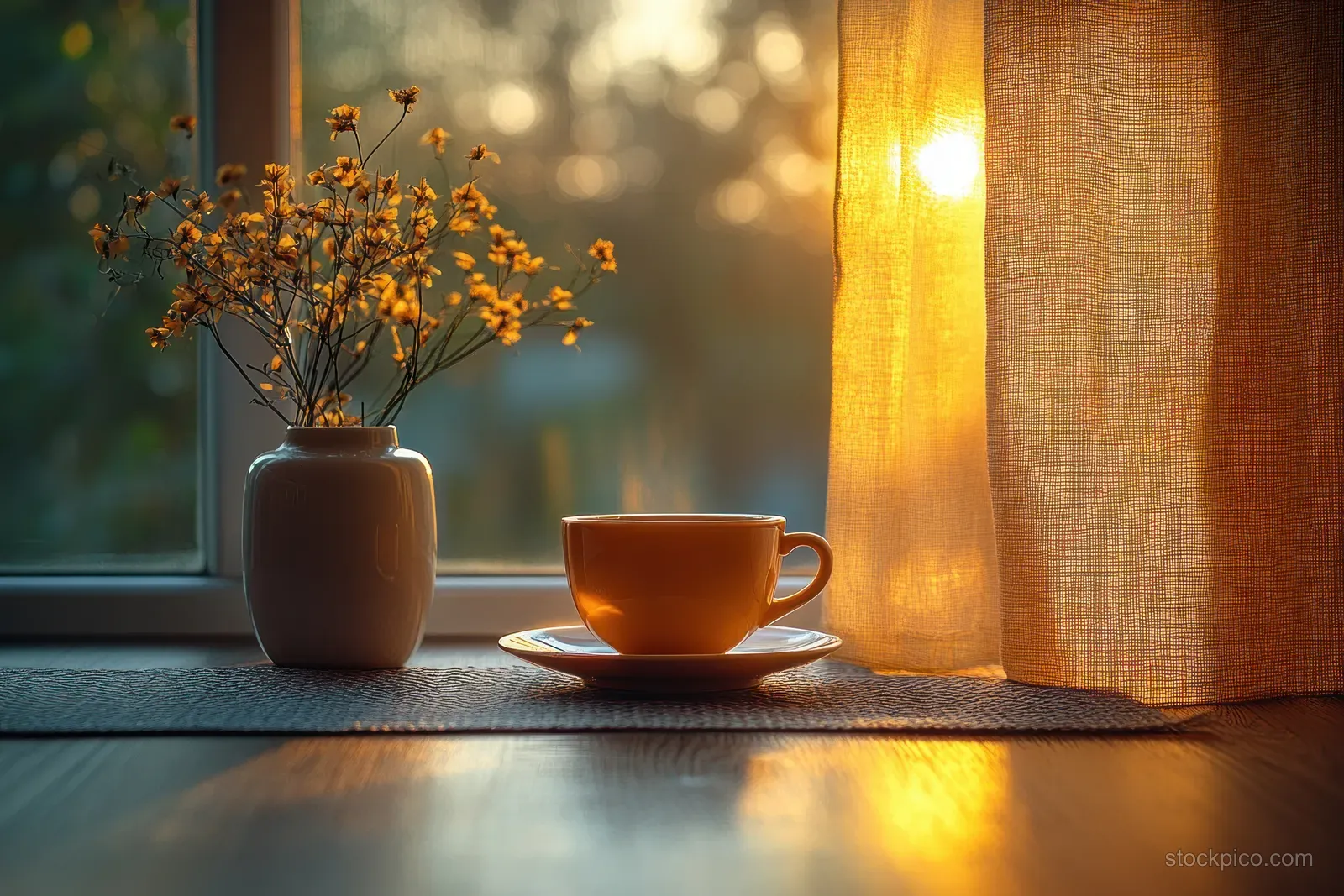 Coffee cup and flower vase sit on a windowsill, illuminated by warm sunlight through curtains.