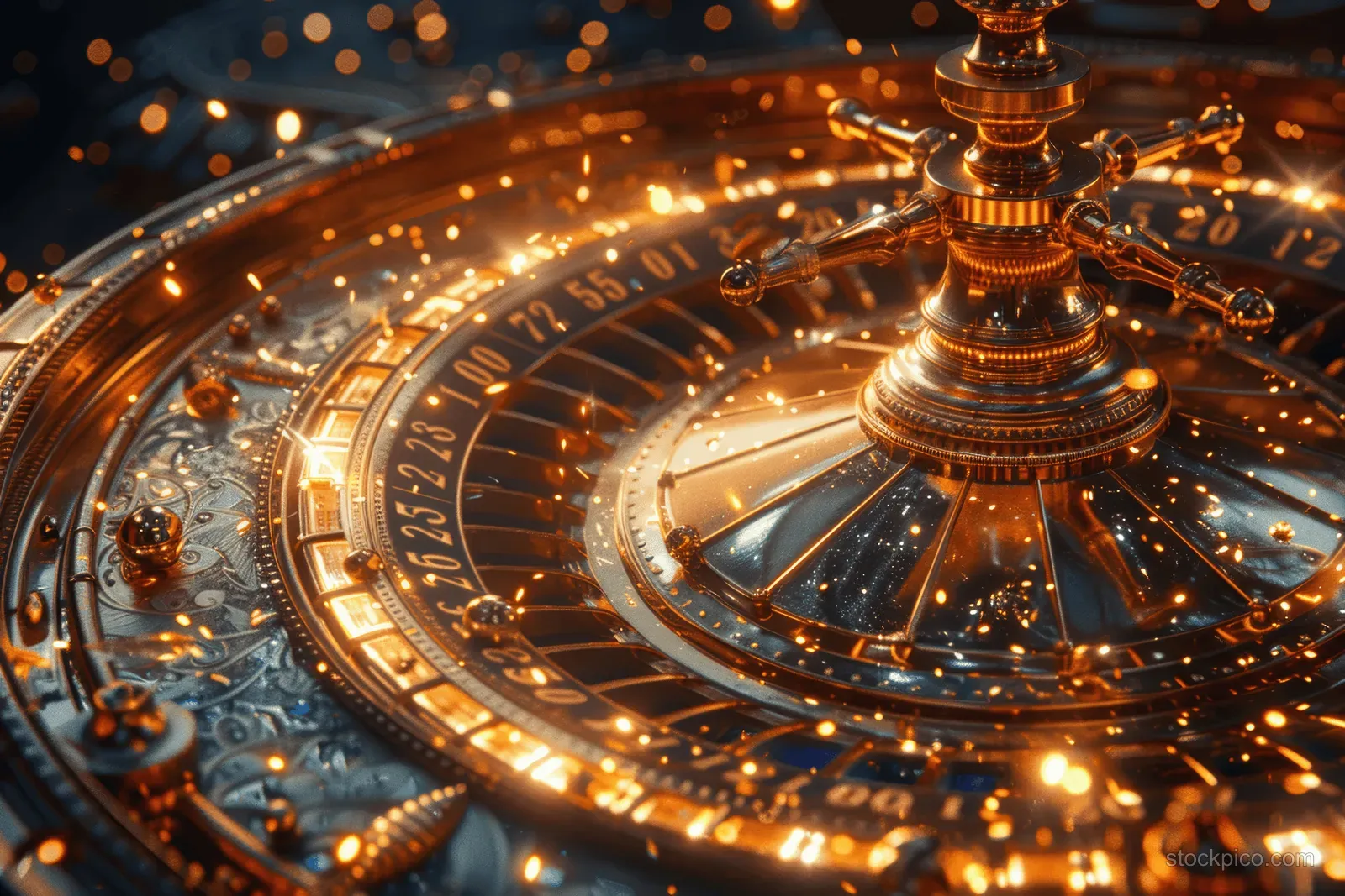 Close-up of a spinning roulette wheel glowing with golden lights and sparkling particles in a nighttime casino.