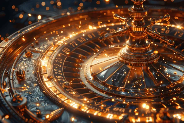 Roulette wheel spinning at golden-lit casino night with glowing particles and reflections