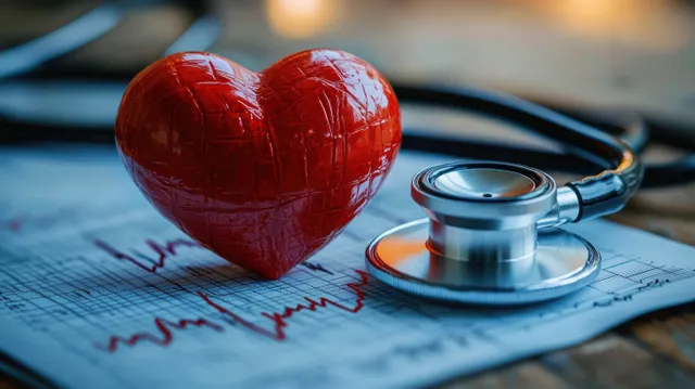 A red heart model and stethoscope lie on an electrocardiogram printout with a heartbeat line visible.