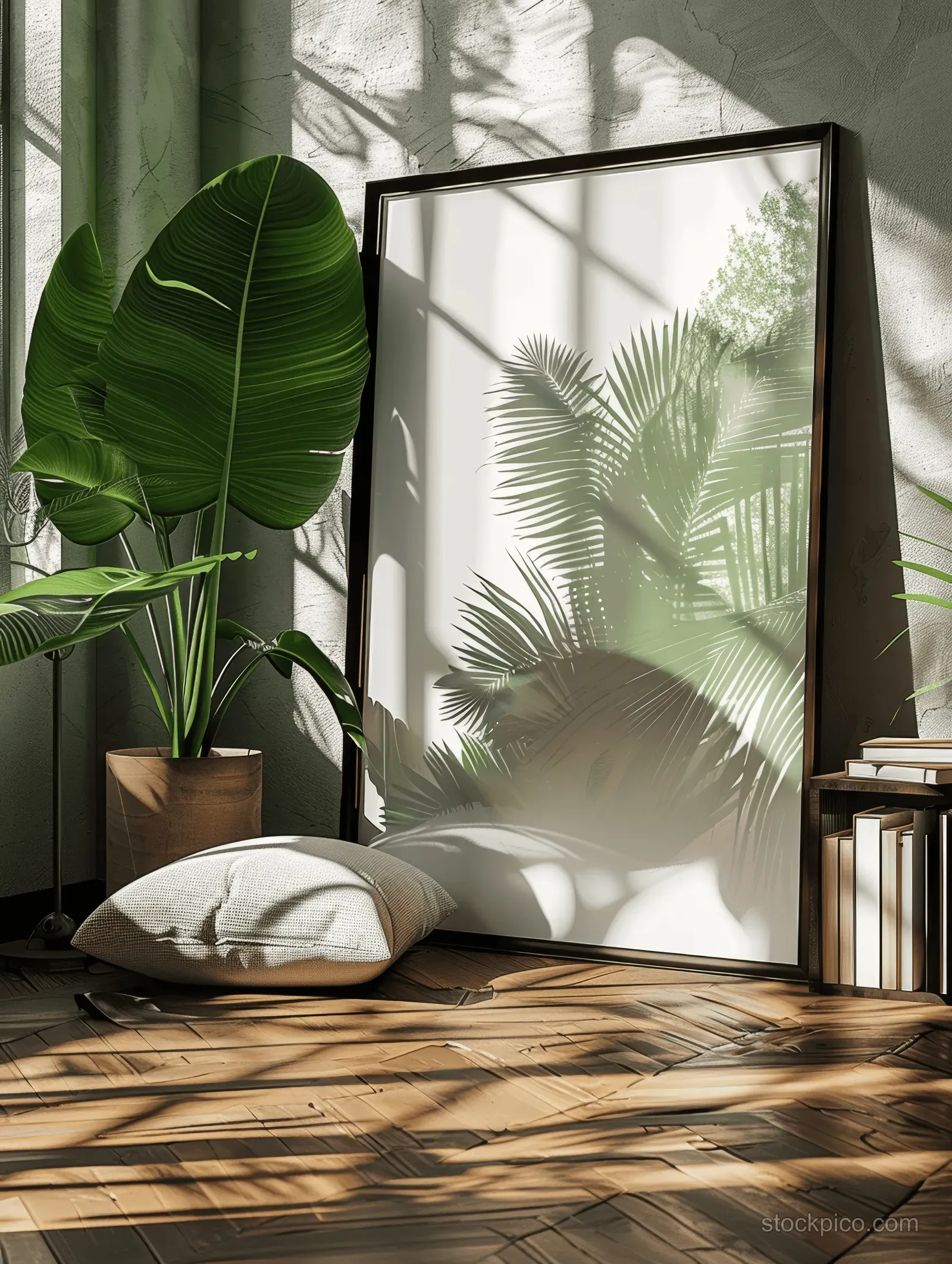 Black framed poster stands in a grunge living room corner with tropical palm leaves and sunlight shadows on the floor.