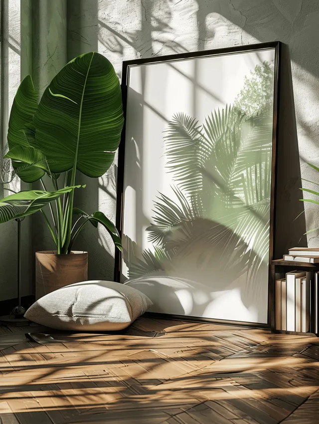 Black framed poster stands in a grunge living room corner with tropical palm leaves and sunlight shadows on the floor.