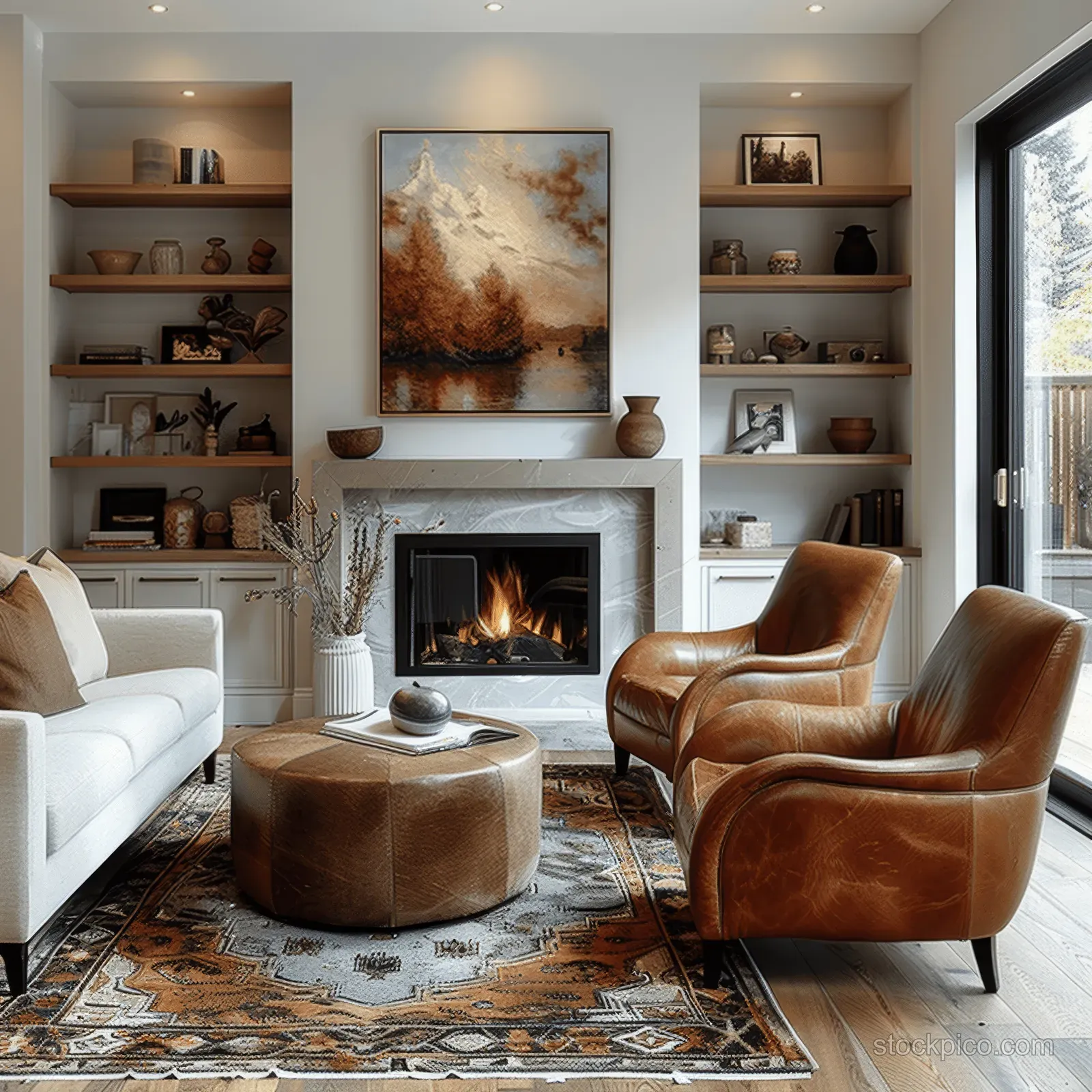 Scandinavian living room with leather armchairs around a glowing fireplace, wood shelves, and framed paintings.