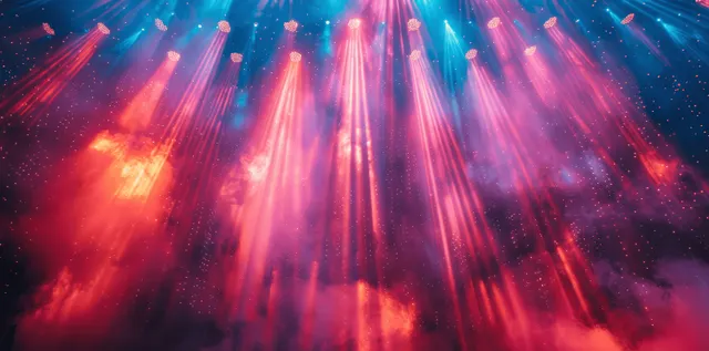Vibrant stage spotlights project colorful beams of light through haze, enhancing the energetic atmosphere of a live concert performance.