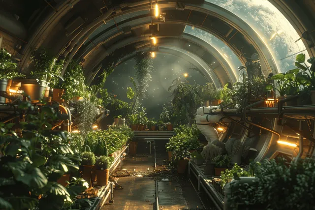 Astronauts tending lush plants inside a futuristic space greenhouse
