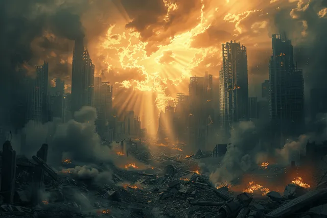A ruined city skyline burns with thick smoke while sun rays break through clouds.