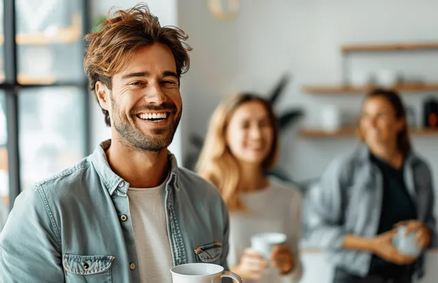 Smiling office employees sit and stand together holding coffee cups during a break near big windows.