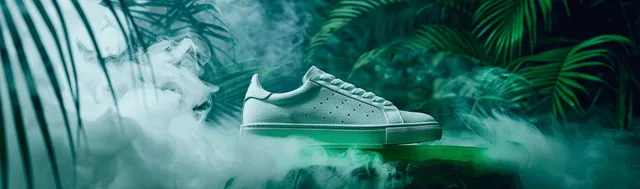 White sport sneaker with green soles stands on a tropical jungle platform amid mist and leaves.