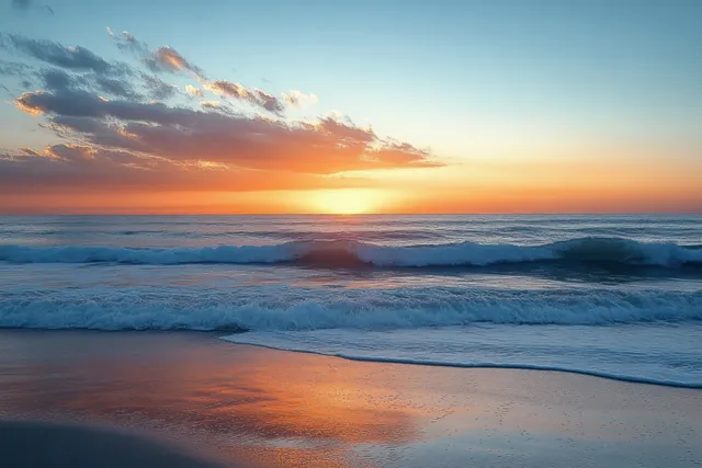 Calm ocean waves roll onto a sandy shore at sunrise with pastel clouds above horizon
