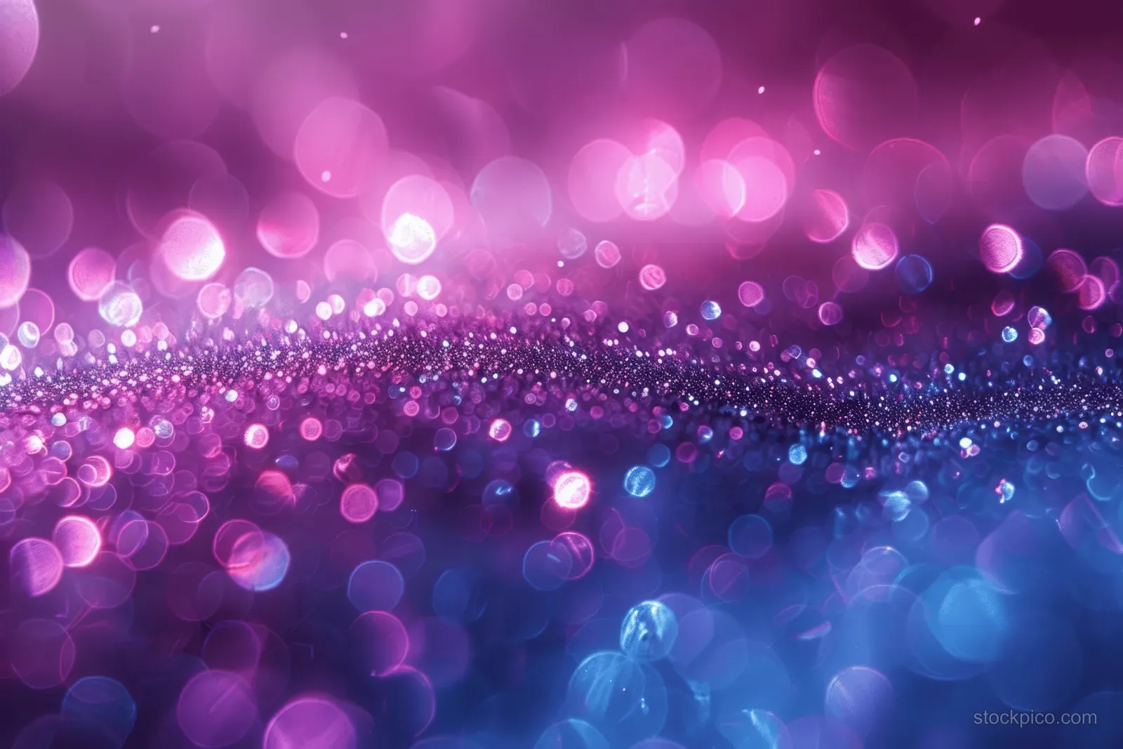 Purple and blue bokeh lights with sparkling glitter across a soft gradient background.