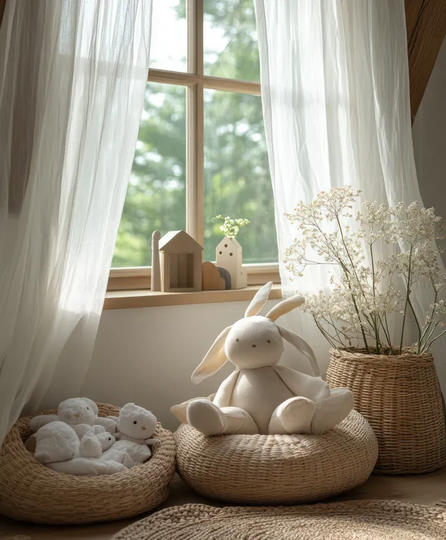 Stuffed rabbit and other plush toys rest on a woven mat near a small wooden toy by a window with sheer white curtains.