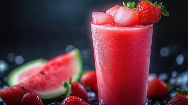 Red strawberry smoothie with ice cubes in a glass, garnished with strawberries and surrounded by watermelon on a dark background.