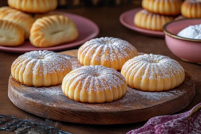 Round cookies dusted with powdered sugar sit on a rustic wooden board with more cookies behind them.