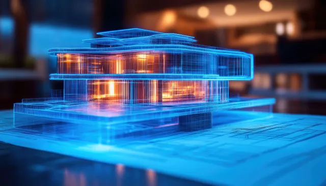 Neon blue digital architectural model overlays a translucent platform with glowing architectural elements.
