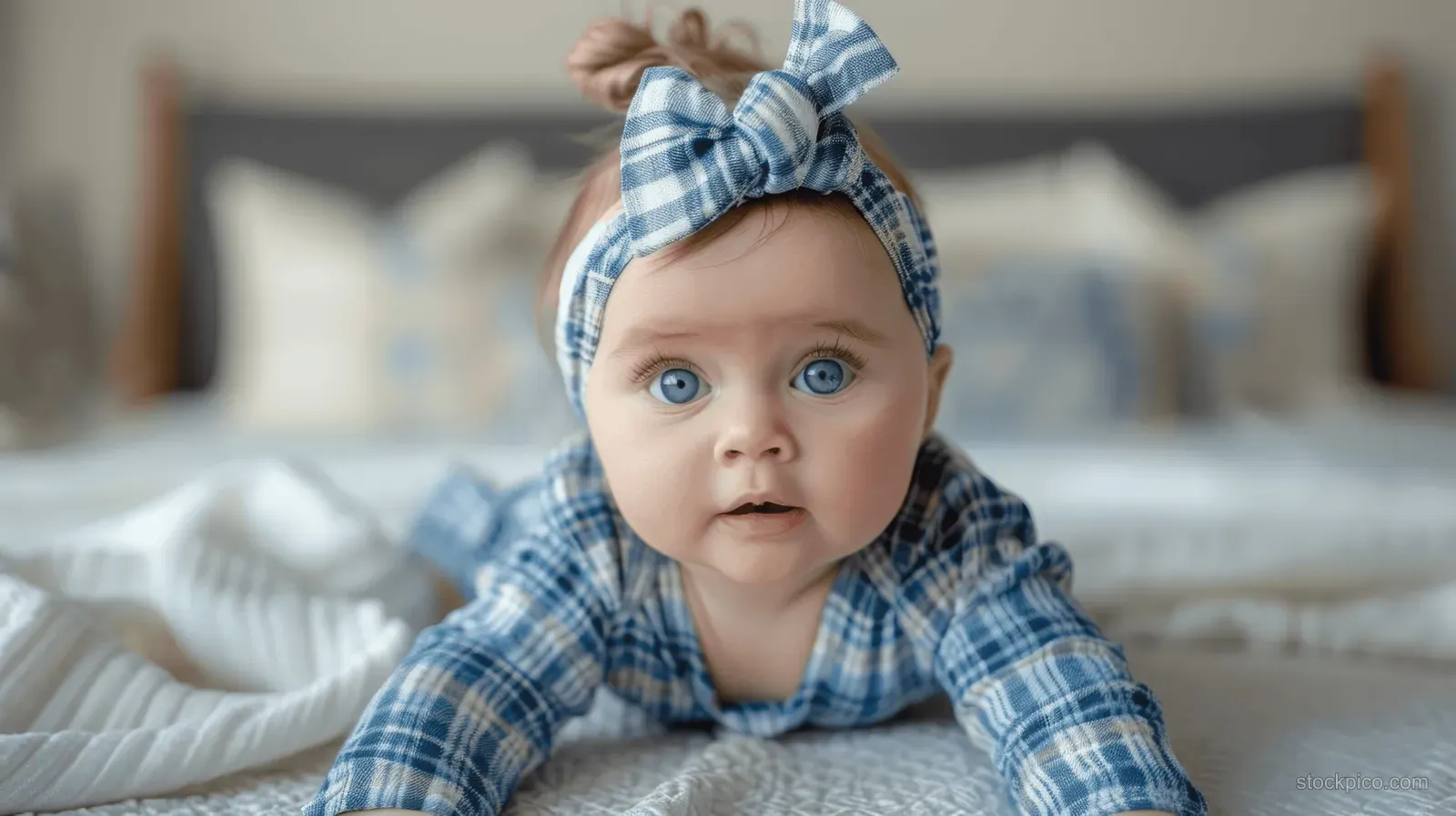 Baby girl in a blue plaid romper crawls on a white bed in a minimalist bedroom with a headband.