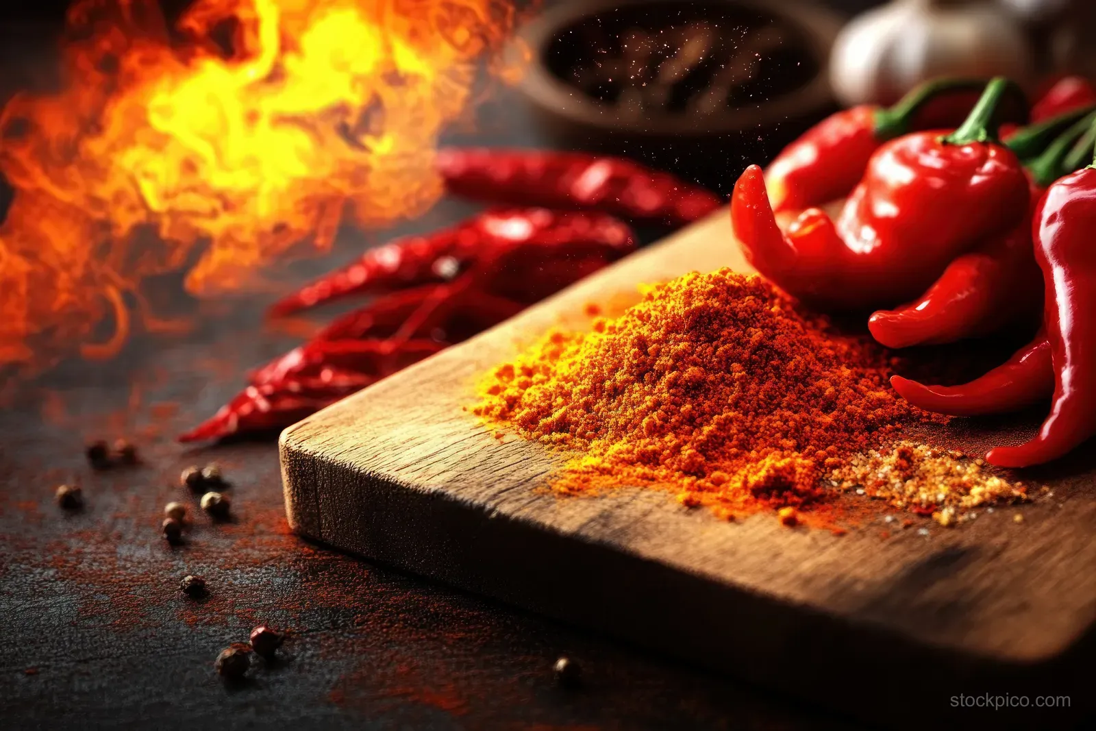 Red chili peppers and paprika powder rest on a wooden board with flames and pepper fragments in the background.