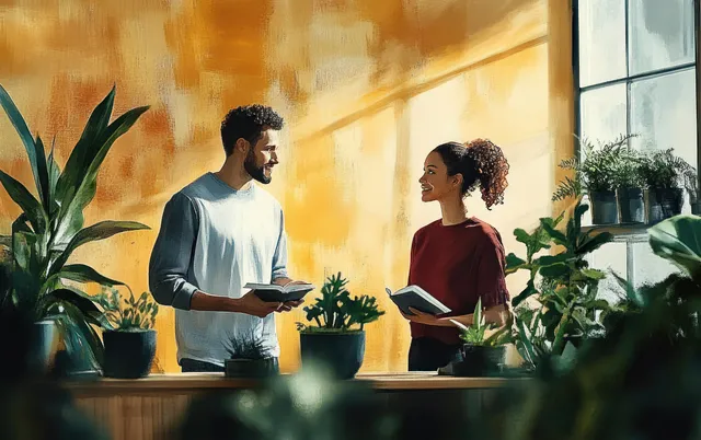 Two shop assistants review notes with a laptop among potted plants in a bright indoor store.