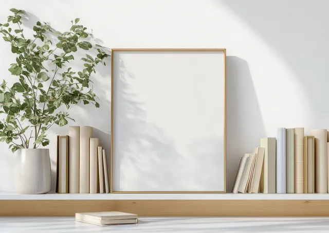 A blank picture frame on a white shelf with pastel books, a green plant, and soft daylight shadows.