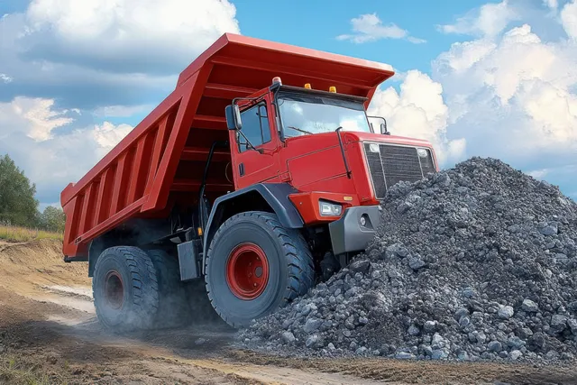 Red dump truck unloading gravel onto a roadwork pile under dramatic blue sky
