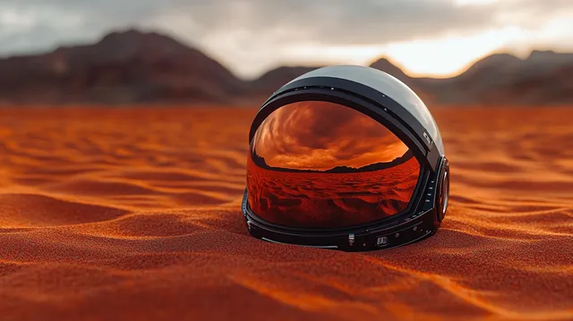 Astronaut helmet on orange sand, mountains mirrored in visor under stormy clouds