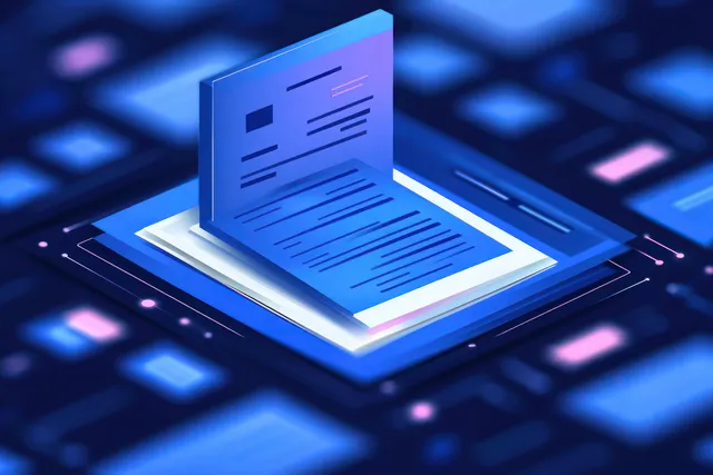 A glowing digital document icon floats above a blue circuit board with surrounding data squares.