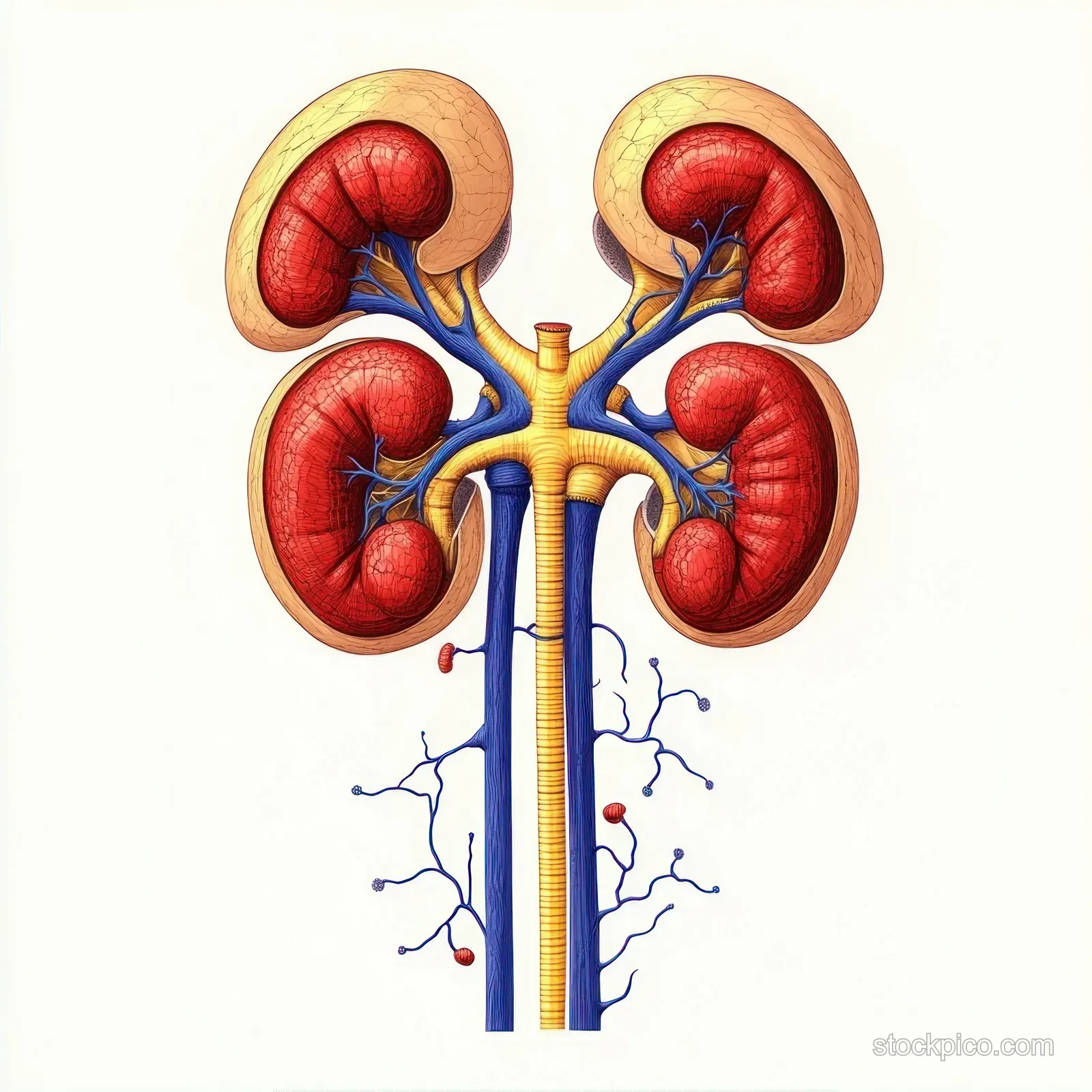 Four kidneys diagram showing ureters leading downward with connected blue blood vessels and internal renal regions.