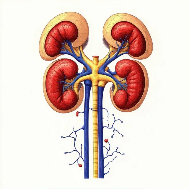 Four kidneys anatomical diagram with ureters and blue blood vessels showing urine pathways with Scientific Vector Like Rendering