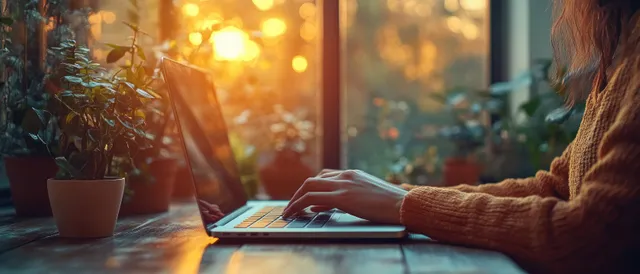 Hands typing on a laptop keyboard at a desk while entering secure login credentials in warm office light.