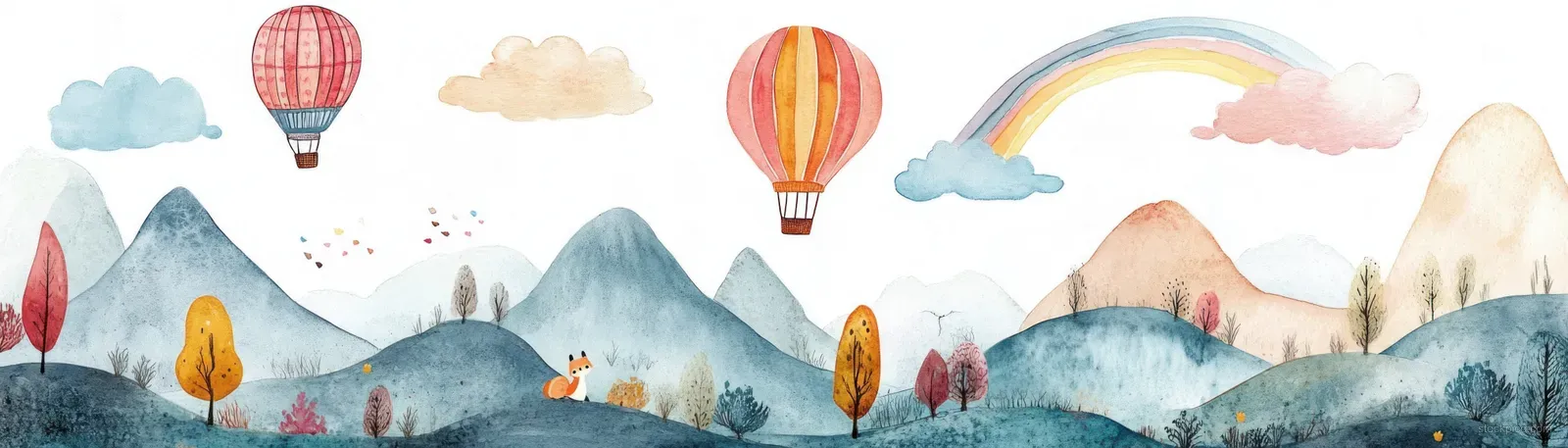 Watercolor rolling hills with hot air balloons, a rainbow sky, fluffy clouds, and foxes in the foreground.
