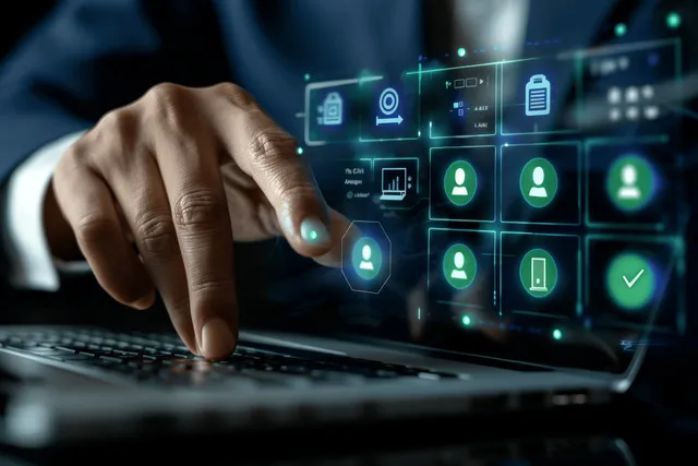 HR manager reviewing candidate profiles on a digital dashboard with biometric icons