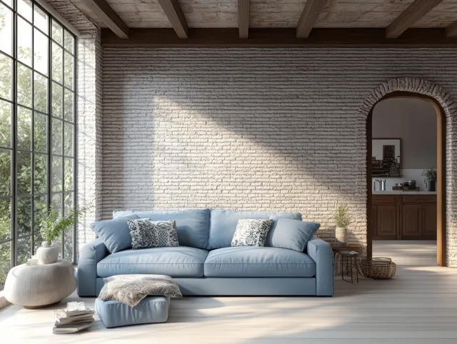 Soft blue sofa sits against a textured brick wall as warm sunlight streams through large windows.