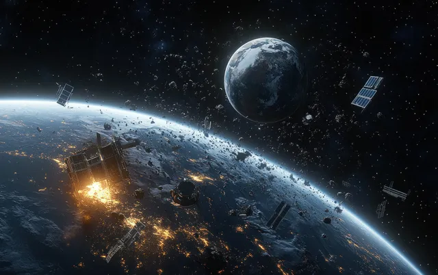 Earth in orbit with multiple satellites and burning debris fragments drifting through dark space.