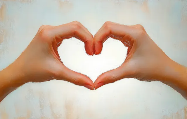 Two hands form a heart shape gesture against a soft glowing background.