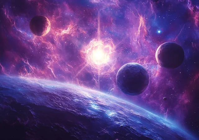 Luminous star amid colorful nebula clouds with orbiting planets over a distant blue world