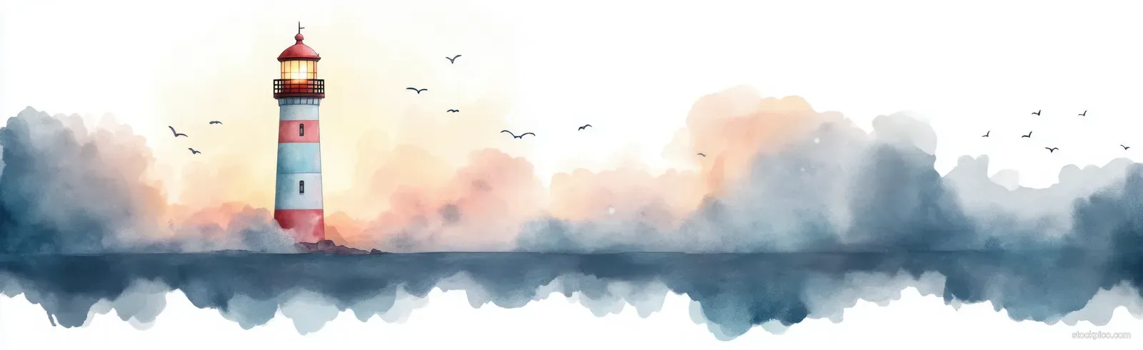 Watercolor lighthouse on a misty horizon with soft pastel clouds and a few birds in the sky.