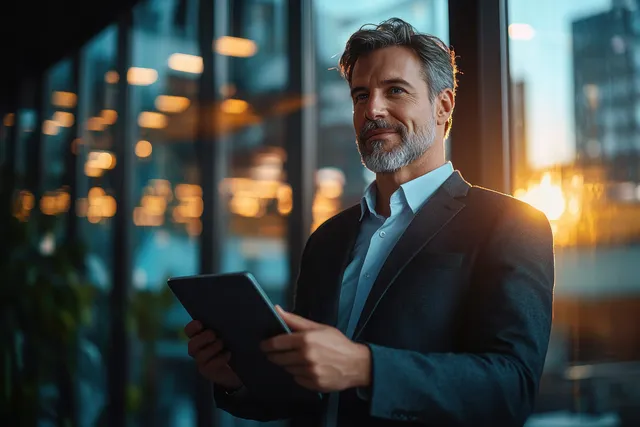 Mature businessman in a suit holds a tablet in a sunlit corporate office with city-window bokeh behind him.