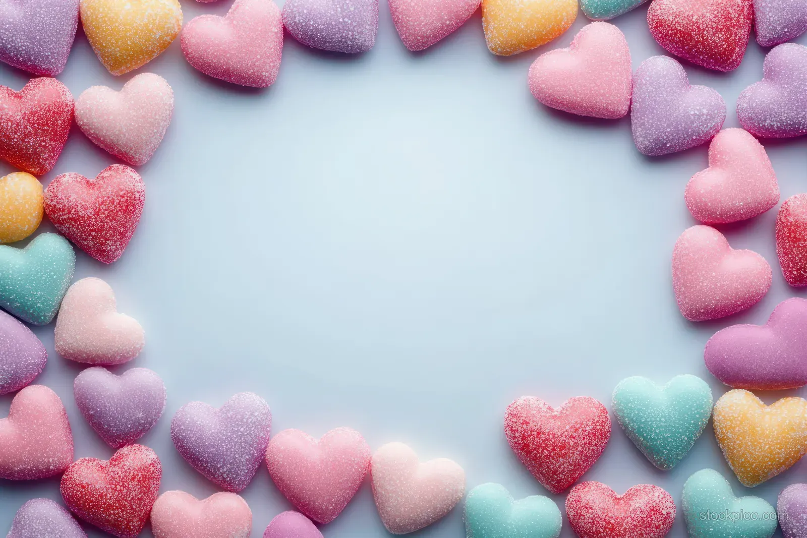 Heart-shaped sugar-coated candies form a circular border on a light blue background.