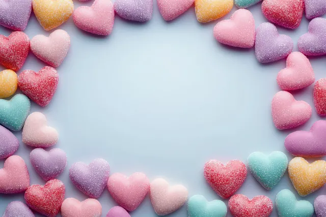 Heart-shaped sugar-coated candies form a circular border on a light blue background.