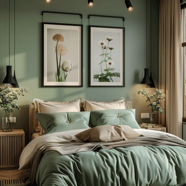 Mint green bedroom with posters above the bed, black lamps on nightstands, and soft daylight through a window.
