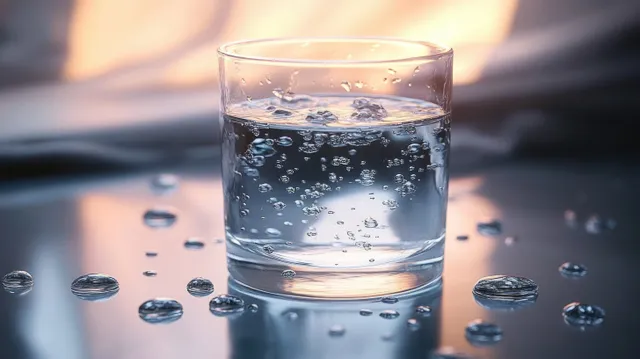 Clear glass of carbonated water with rising bubbles and scattered droplets on reflective surface