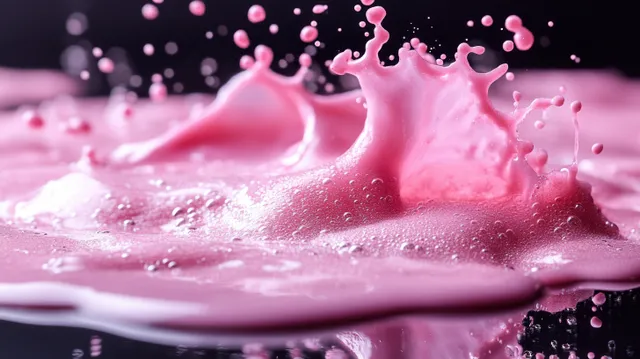 Ceramic crown powder and liquid mixture forms a pink splashing wave on a reflective surface in a dental lab.
