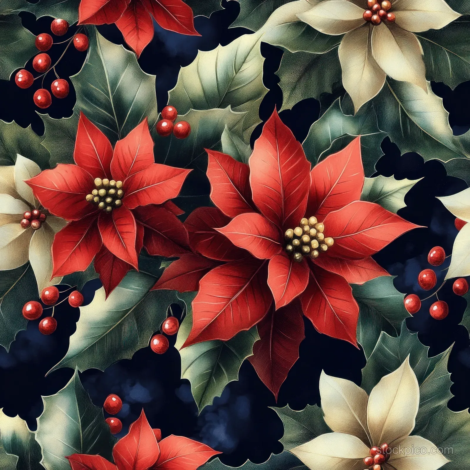 Seamless Christmas pattern of red poinsettias, holly leaves, and berry clusters with cream accents.