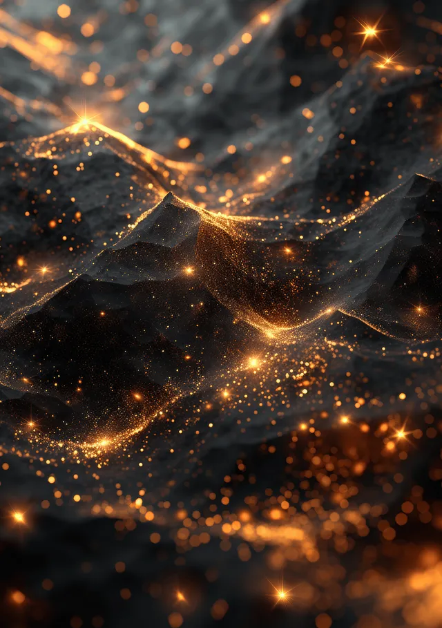 Dark abstract background with glowing gold geometric light trails and sparkling particle points.