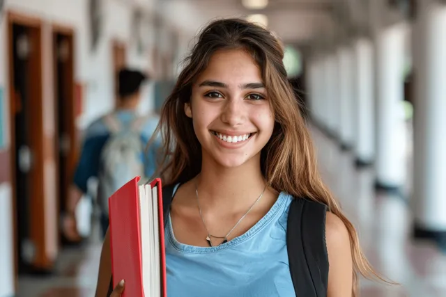 A smiling Hispanic student walks down a university hallway holding books and a red notebook.